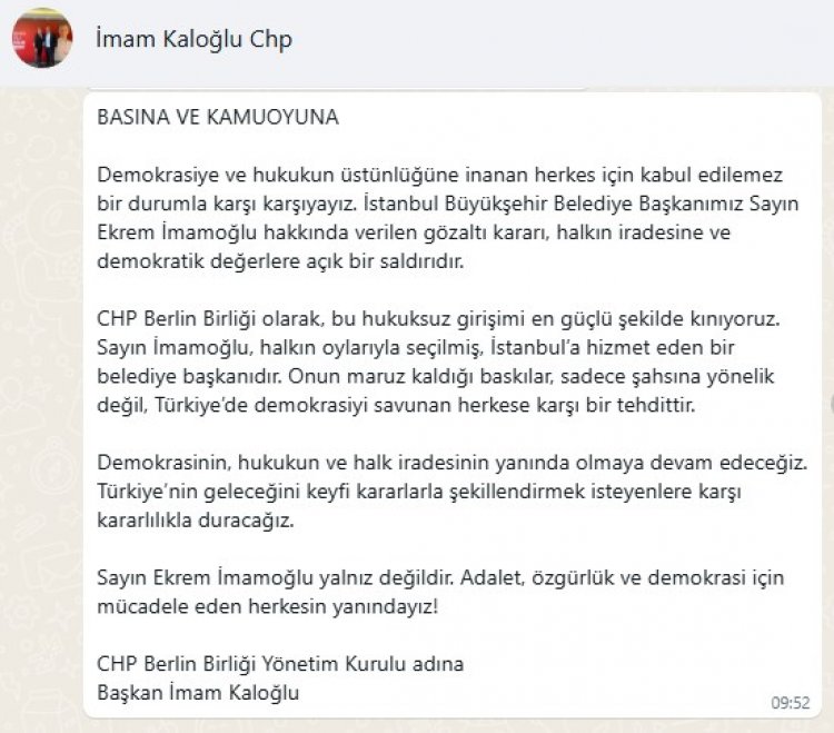 CHP Berlin Birliği’nden Ekrem İmamoğlu Kararıyla İlgili Açıklama