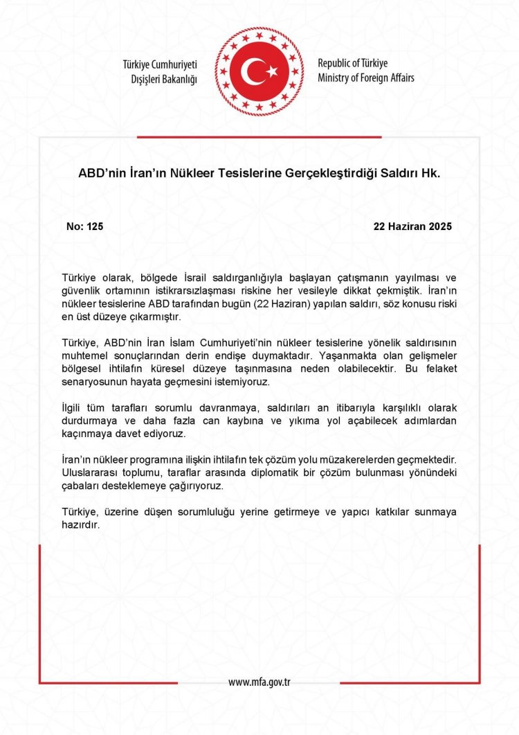 Türkiye’den ABD’nin İran’a nükleer saldırısına tepki