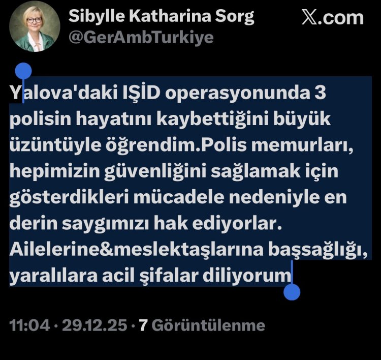 Almanya’nın Ankara Büyükelçiliği’nden Yalova’daki IŞİD operasyonuna taziye mesajı