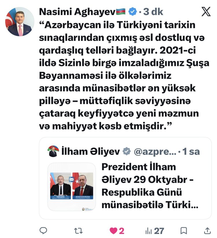 İlham Aliyev’den Türkiye’ye Cumhuriyet Bayramı mesajı